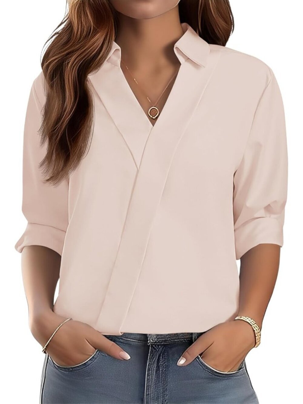 Women's Apricot Long Sleeve V Neck Collared Shirts Casual Imported Outfits